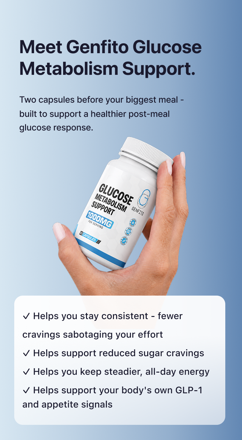 Meet Genfito Glucose Metabolism Support — hand holding bottle with checklist